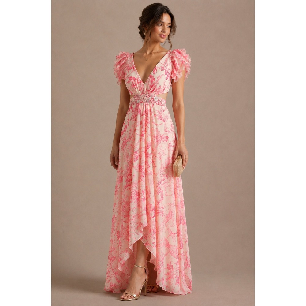 Mac Duggal Floral Beaded Ruffle Shoulder Lace Up Gown Dress  6 NWT Pink Wedding